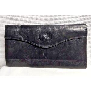 Vintage BUXTON black leather kiss lock‎ purse woman long wallet  7.25x4x0.5"